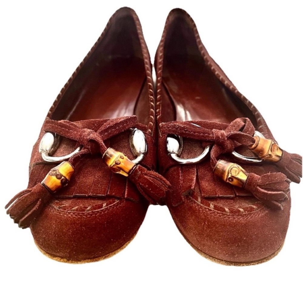 GUCCI Brown Suede Loafers Size 8.5 - Tassel Fringe Flats Women's Women's